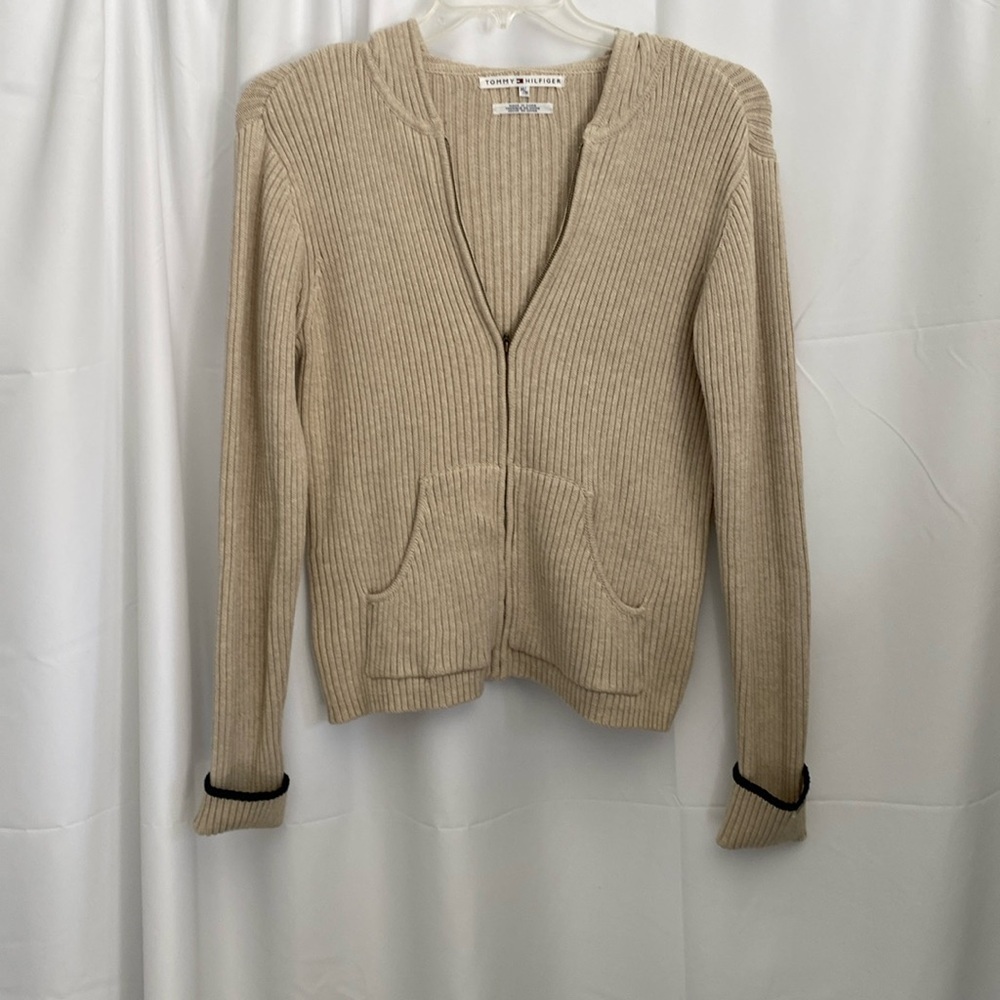 Tommy Hilfiger sweater‎ with hoodie, beige with black accents on cuffs.